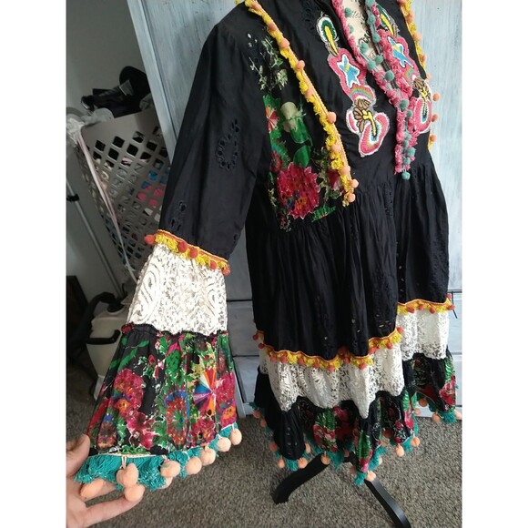 Love Positano Fringed Embroidered Flared Sleeve Dress Boho Cottage Core Feminine - Picture 7 of 15
